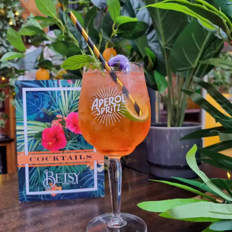 A glass of Aperol spritz sits in front of a cocktail menu and potted plants at The Betsy Words, one of the best pubs in Dublin.