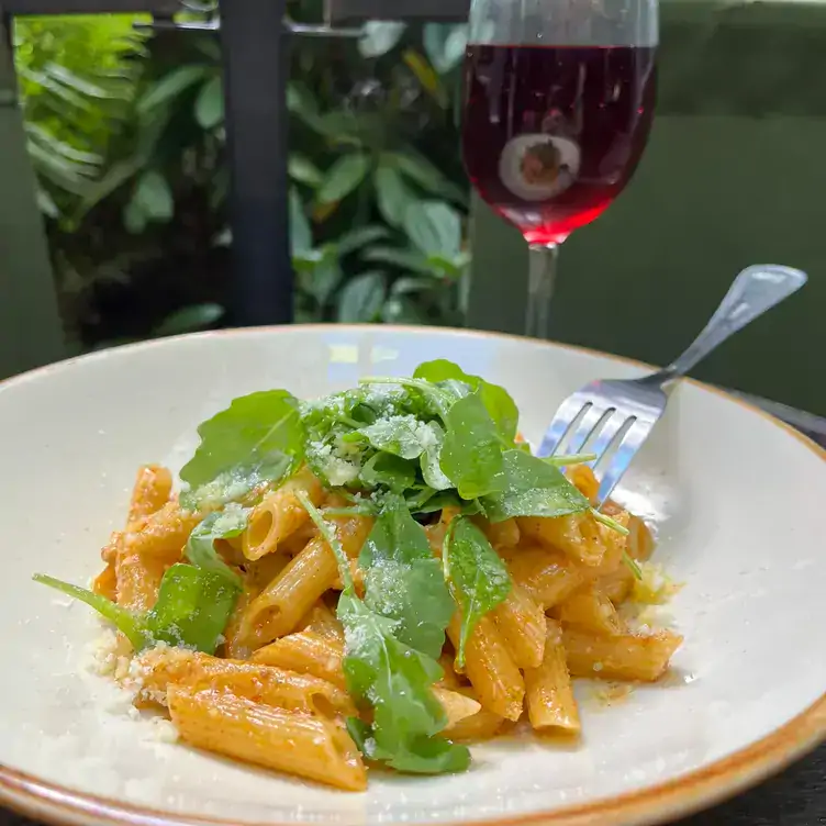 A penne dish served alongside a glass of wine at The Green Room, one of the best beer gardens in Dublin.