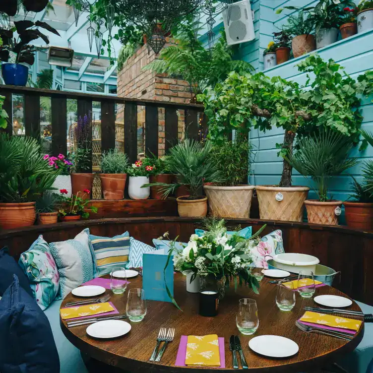 A round table at House Dublin surrounded by a bench with patterned cushions and different potted plants.